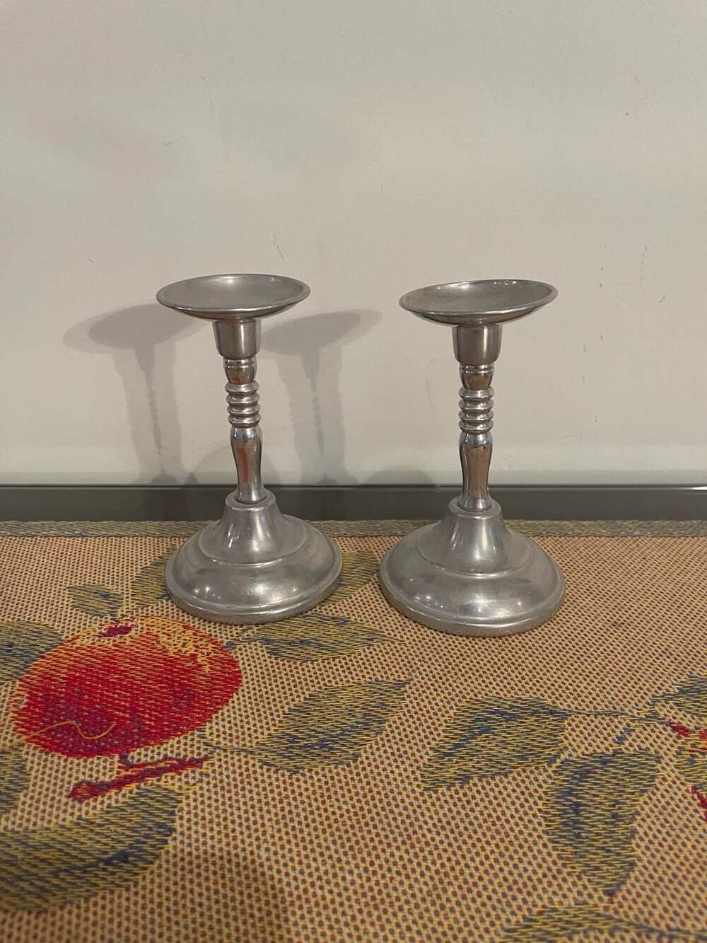 Vintage Ribbed Metal Pillar Candlestick Holders Set of 2